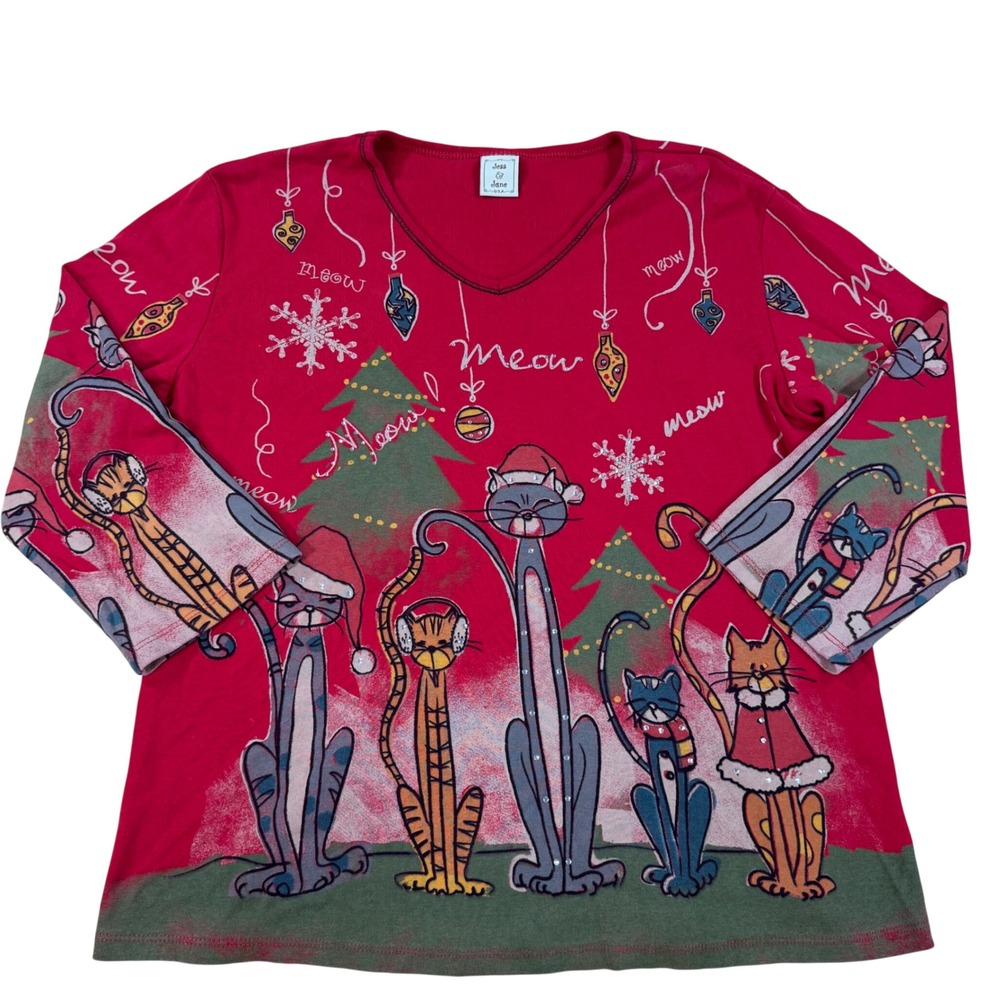 Vintage Jess & Jane Meow Christmas Red Cat Graphic Rhinestone Top XL Eclectic